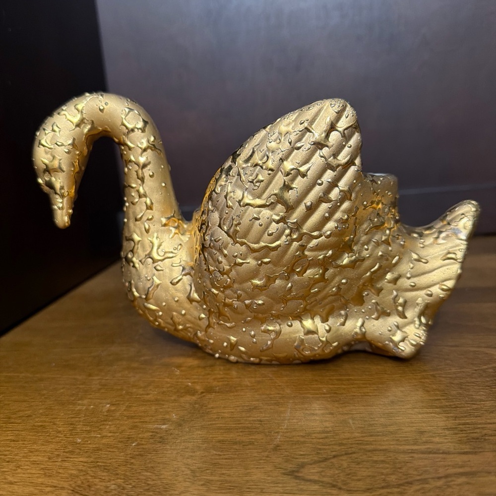 Weeping Bright Gold Swan Vase Trinket Dish Hand Decorated 22 K Vintage